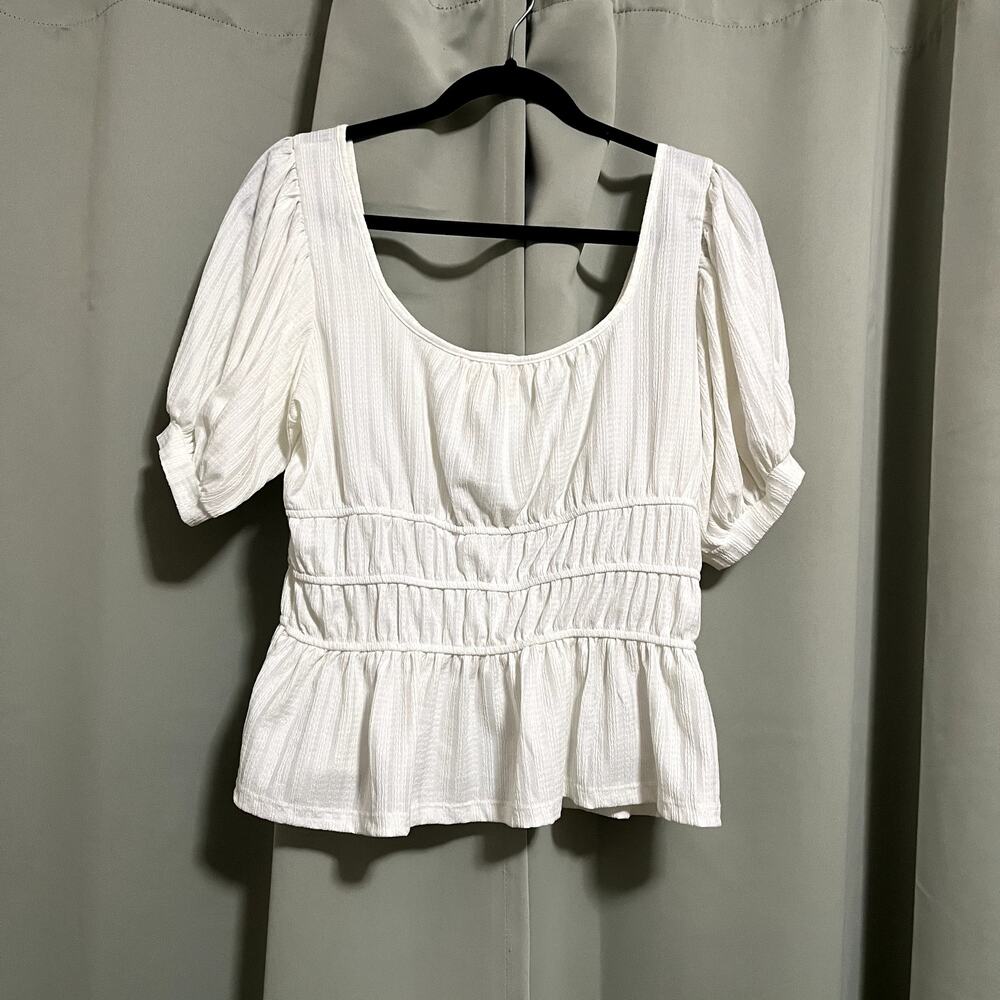 Anthropologie Maeve Ruched Puff-Sleeved Ivory White Blouse